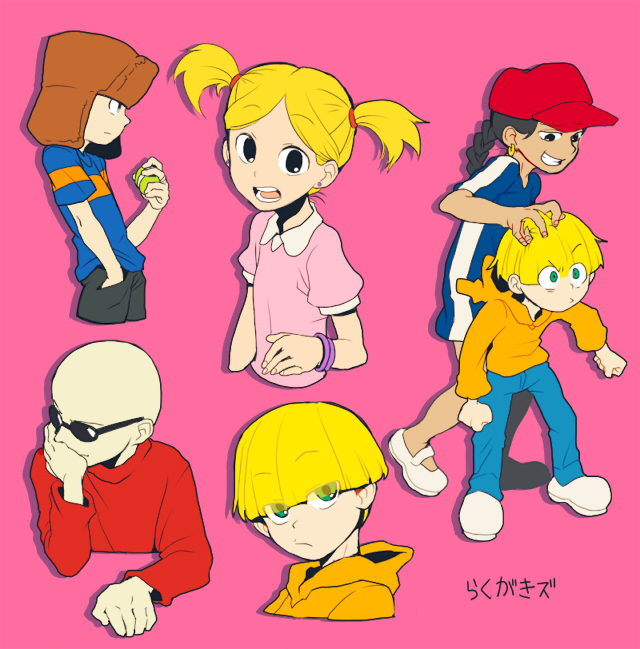 t k g, lee (knd), numbuh 1, numbuh 4, numbuh 5, sonya (knd), codename: kids next door, commentary request, duplicate, translated, 2girls, 3boys, bald, blonde hair, bracelet, braid, clenched hands, constricted pupils, dark skin, earrings, grin, hand in pocket, hand on another's head, hat, jewelry, looking at another, looking down, multiple boys, multiple girls, open mouth, parted lips, pink background, short twintails, silhouette, smile, standing, sunglasses, twintails, yo-yo