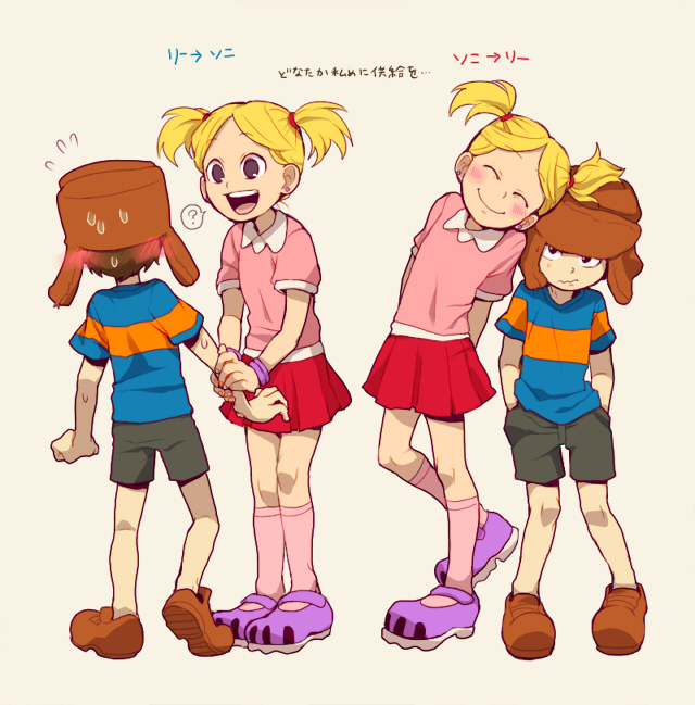 t k g, lee (knd), sonya (knd), codename: kids next door, commentary request, duplicate, translation request, 1boy, 1girl, :d, ^ ^, arms behind back, blonde hair, blush, bracelet, chin rest, closed eyes, closed mouth, earrings, flying sweatdrops, grabbing another's arm, hands in pockets, hat, head on head, head rest, head tilt, height difference, holding, jewelry, looking at another, looking at viewer, open mouth, short twintails, shorts, simple background, skirt, smile, standing, sweatdrop, twintails, wavy mouth, yellow background