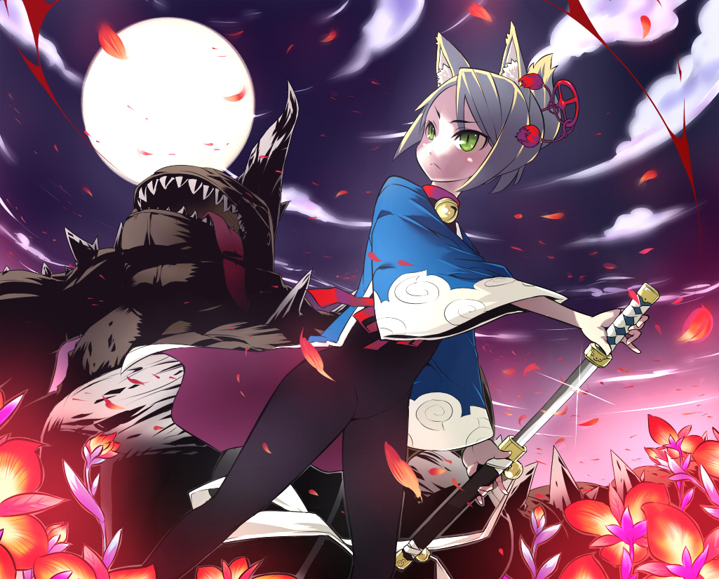 blue vert, namuna (7th dragon), samurai (7th dragon), 7th dragon, 7th dragon (series), 1girl, animal ears, female focus, floro (7th dragon), flower, katana, monster, moon, night, sheath, solo, sword, unsheathing, weapon
