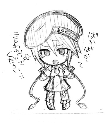 fuyumura asuki, noel vermillion, arc system works, blazblue, lowres, translated, beret, chibi, greyscale, hat, monochrome, necktie, short hair, sketch, solo