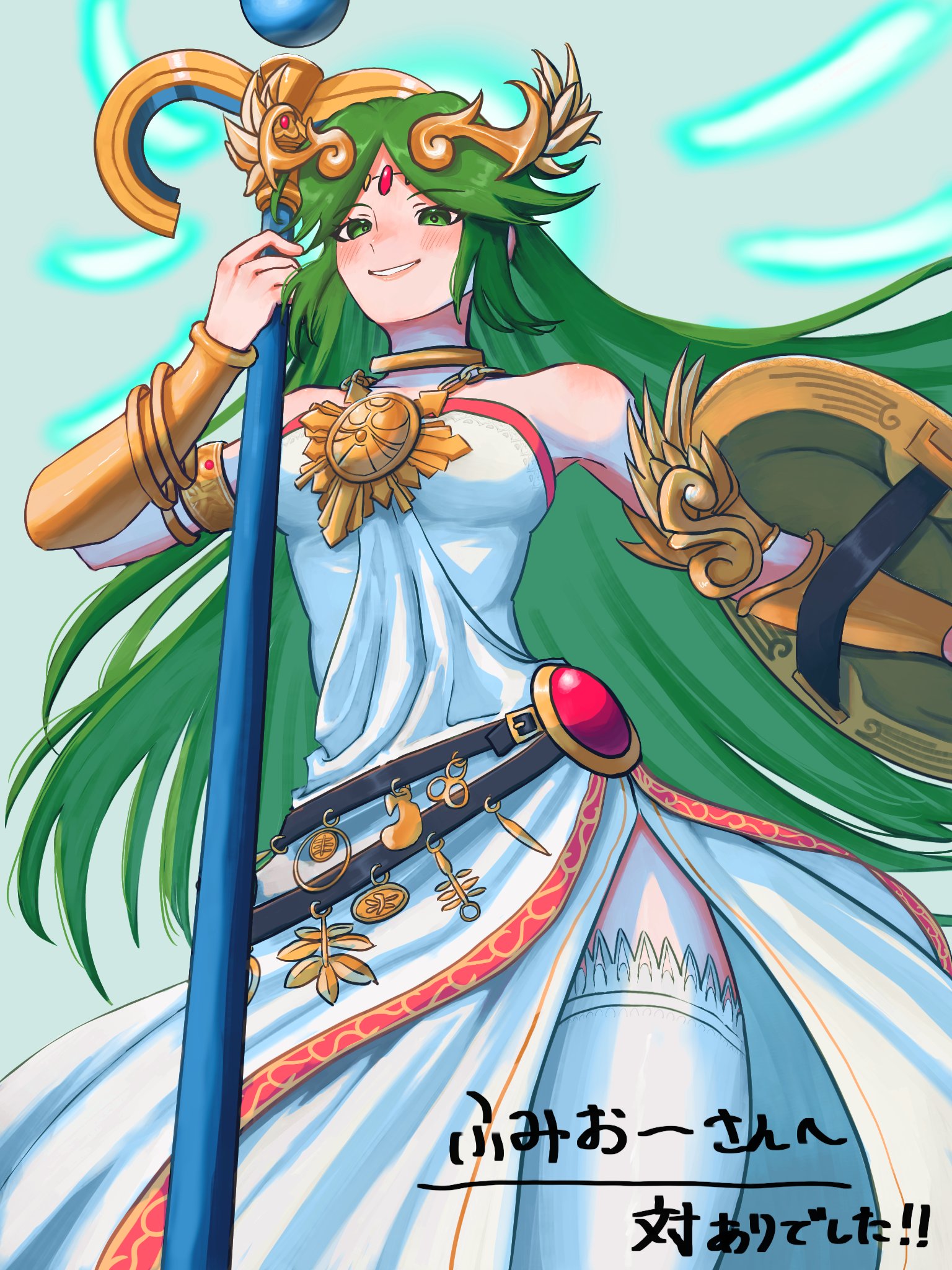 palutena, kid icarus, kid icarus uprising, nintendo, highres, 1girl, arm shield, blush, dress, green eyes, green hair, hair ornament, holding, holding staff, long hair, looking at viewer, smile, solo, staff, strapless, strapless dress, thighhighs, untu eak, very long hair, white dress, white thighhighs