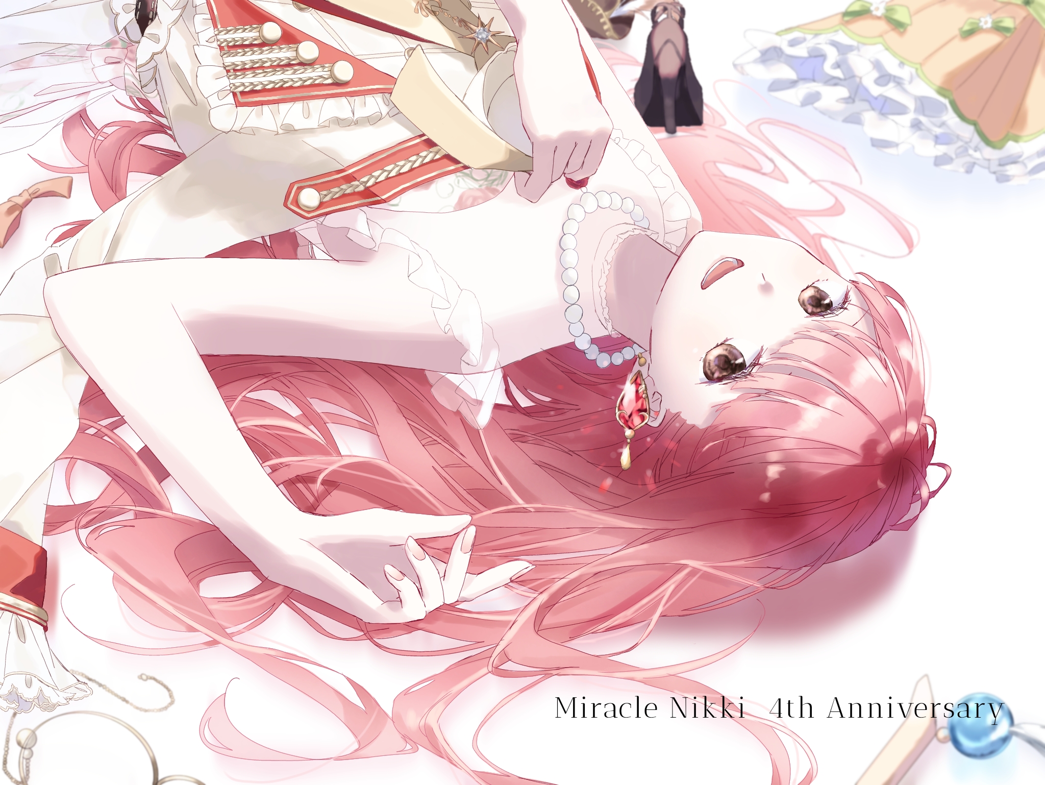 mallow (di fushang), bobo (miracle nikki), nikki (nikki), miracle nikki, nikki (series), commentary request, highres, 1girl, anniversary, bare arms, bare shoulders, bead necklace, beads, blunt bangs, brown eyes, copyright name, cowboy shot, dot nose, dress, english text, eyelashes, fingernails, floral print, flower, flower necklace, frilled dress, frills, hair spread out, high heels, holding, holding unworn clothes, holding unworn dress, jewelry, light chaser (miracle nikki), long hair, looking at viewer, lower teeth only, lying, necklace, on back, open mouth, pink hair, pink nails, pleated dress, print dress, rose print, shadow, shoes, sleeveless, sleeveless dress, smile, teeth, unworn dress, unworn shoes, upside-down, very long hair, white background, white dress