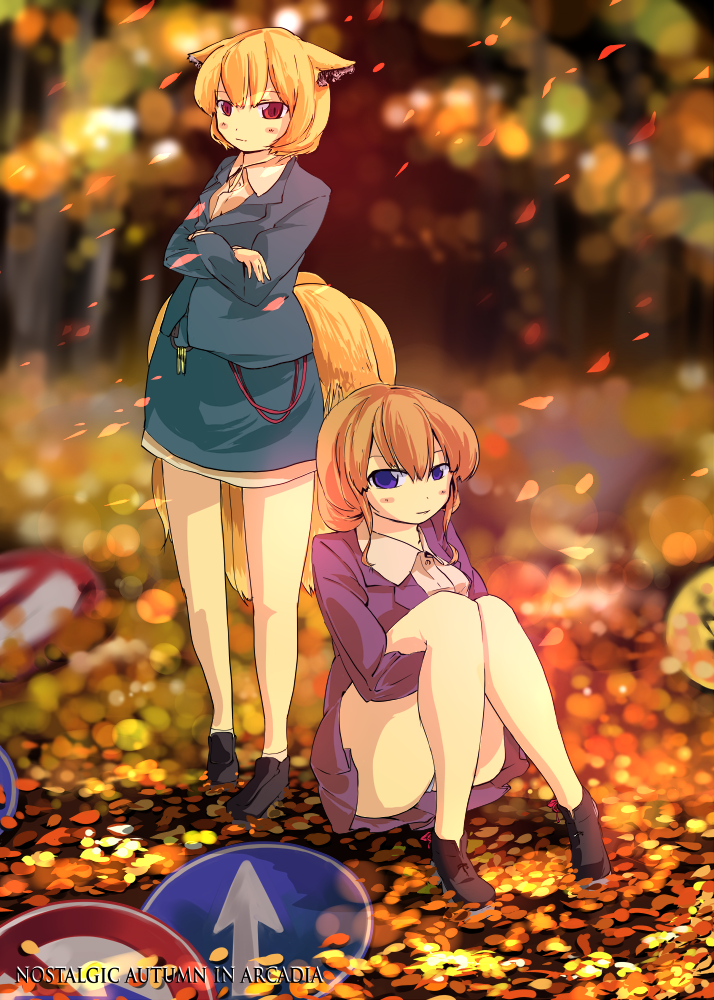 garnet, yakumo ran, yakumo yukari, touhou, 2girls, alternate costume, animal ears, blonde hair, blue eyes, business suit, female focus, formal clothes, fox ears, kitsune, kyuubi, long sleeves, multiple girls, multiple tails, no headwear, red eyes, road sign, shoes, short hair, sign, socks, suit, tail