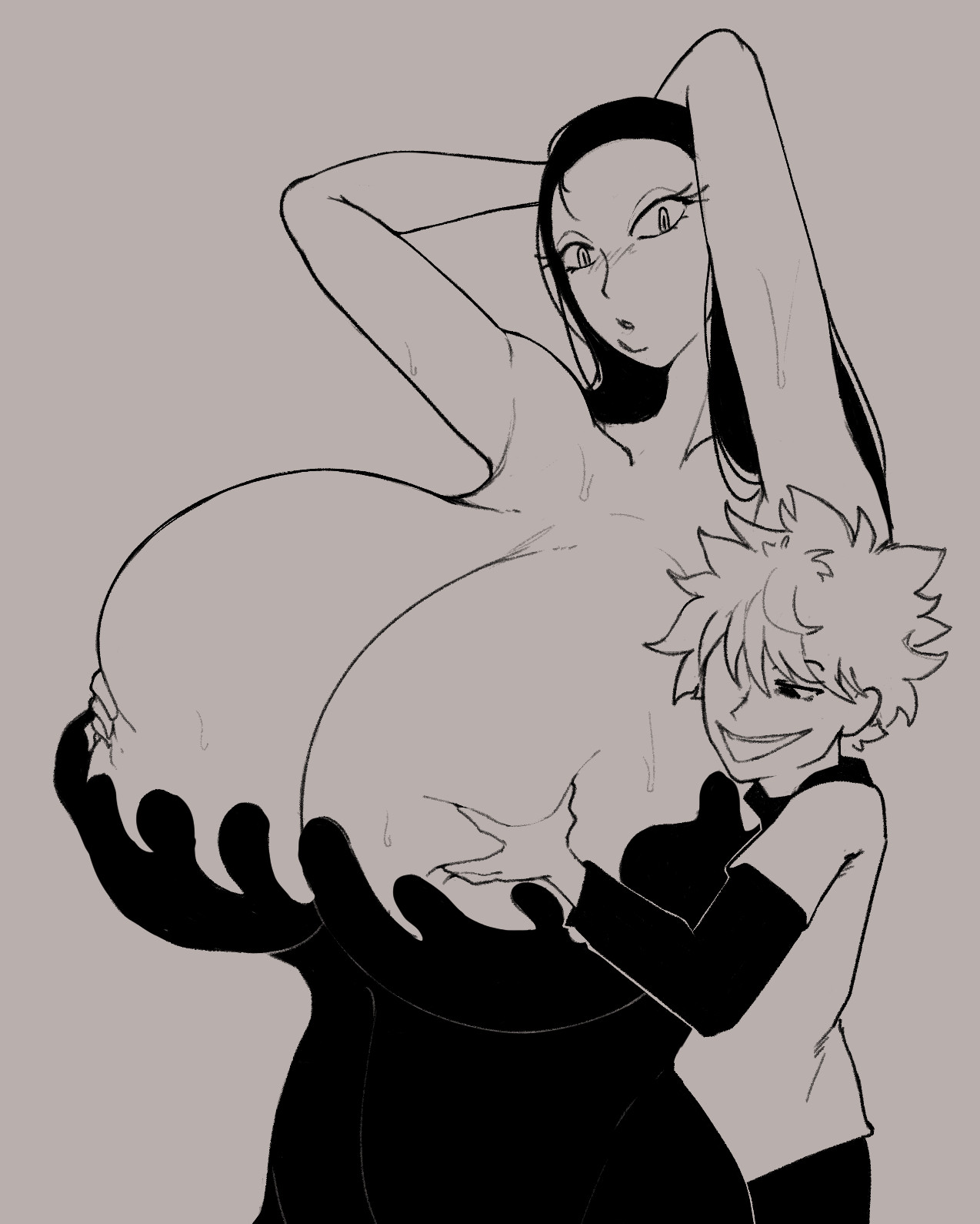 smoxul, gell (hunter x hunter), killua zoldyck, hunter x hunter, highres, :o, arms behind head, black hair, blush, breasts, cleavage, dress, grope from behind, groping, groping breast, huge breasts, long hair, monochrome, open mouth, size difference, slit pupils, sweat, thick lips