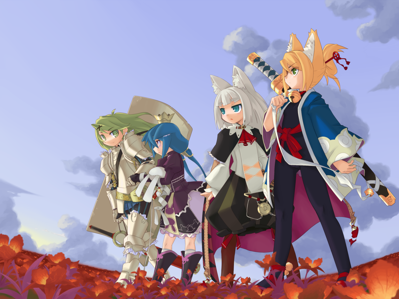 mof, ikurakun (7th dragon), kate (7th dragon), knight (7th dragon), mage (7th dragon), momomeno (7th dragon), namuna (7th dragon), princess (7th dragon), samurai (7th dragon), 7th dragon, 7th dragon (series), bad id, bad pixiv id, highres, 4girls, animal ears, cat ears, floro (7th dragon), flower, fox ears, multiple girls, oekaki