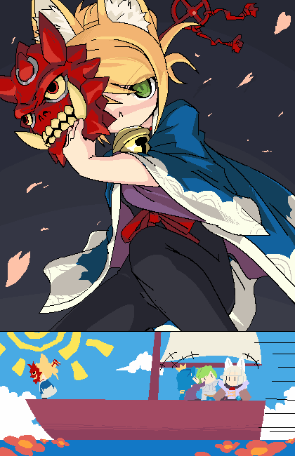 mof, ikurakun (7th dragon), kate (7th dragon), knight (7th dragon), mage (7th dragon), momomeno (7th dragon), namuna (7th dragon), princess (7th dragon), samurai (7th dragon), 7th dragon, 7th dragon (series), bad id, bad pixiv id, 4girls, boat, mask, multiple girls, oekaki, watercraft