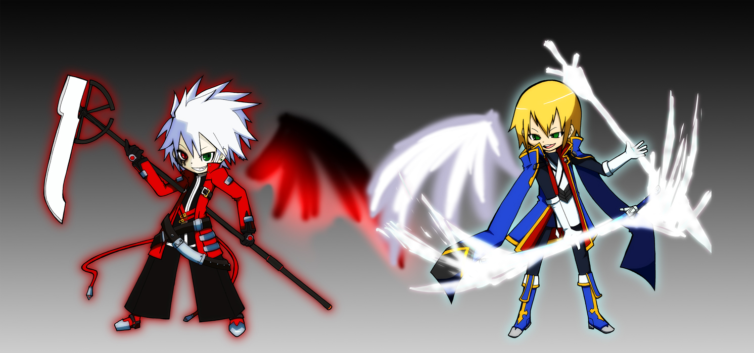 kimidori (gycw), kimidori (pixiv485094), kisaragi jin, ragna the bloodedge, arc system works, blazblue, blazblue: calamity trigger, blue footwear, light, silver hair, 2boys, black pants, blonde hair, boots, chibi, dark, green eyes, heterochromia, male focus, multiple boys, pants, red eyes, scythe, short hair, sword, weapon, yukianesa