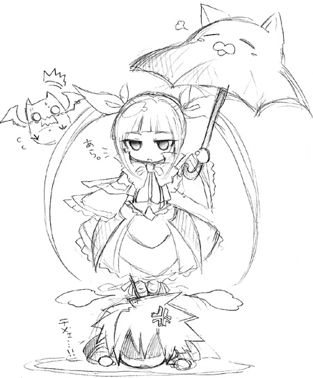fuyumura asuki, gii, nago, rachel alucard, ragna the bloodedge, arc system works, blazblue, cat, chibi, frills, girl on top, gothic lolita, greyscale, lolita fashion, long hair, monochrome, short hair, sketch, twintails, umbrella