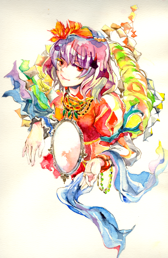 mosuke, yasaka kanako, touhou, painting (medium), traditional media, watercolor (medium), 1girl, female focus, hair ornament, leaf hair ornament, mirror, purple hair, red eyes, rope, solo