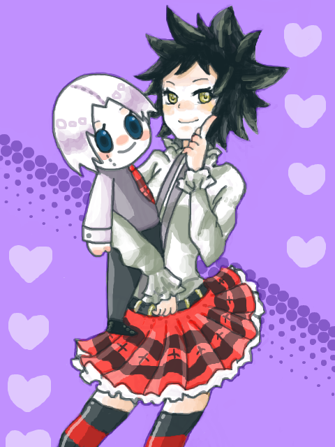 allen walker, road kamelot, d.gray-man, bad id, bad pixiv id, 00s, 1boy, 1girl, character doll, couple, doll, goth fashion, heart, hetero, purple background, skirt, stuffed animal, stuffed toy, thighhighs