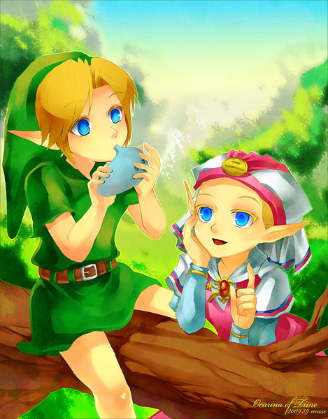 muse (rainforest), link, princess zelda, young link, young zelda, nintendo, the legend of zelda, the legend of zelda: ocarina of time, 1boy, 1girl, aged down, bare legs, belt, blonde hair, blue eyes, child, couple, dress, hat, hetero, instrument, ocarina, pointy ears, short sleeves, tree, tunic