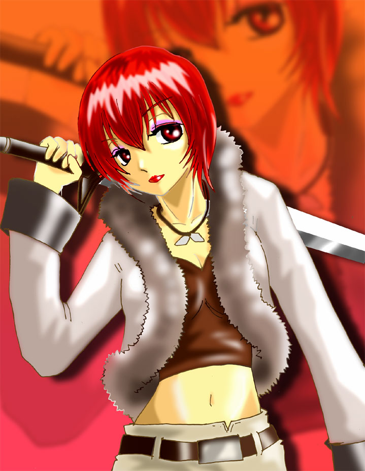 kuroneko koubou, ameria (suikoden), gensou suikoden, gensou suikoden iv, 1girl, jacket, jewelry, midriff, necklace, red eyes, red hair, short hair, sword, weapon, zoom layer