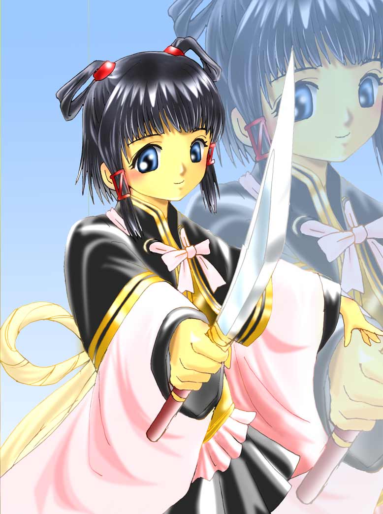 kuroneko koubou, lyon (suikoden), gensou suikoden, gensou suikoden v, black hair, blue eyes, blush, short hair, skirt, sword, weapon, zoom layer
