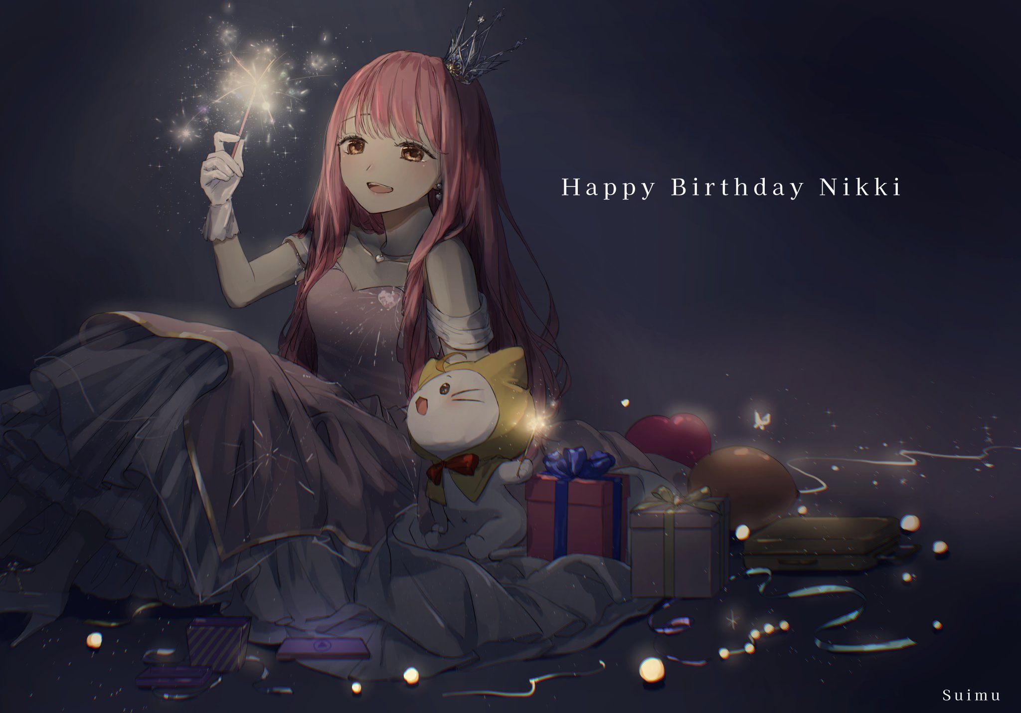 mallow (di fushang), heartwarming flame (shining nikki), momo (nikki), nikki (nikki), nikki (series), shining nikki, highres, 1girl, ahoge, animal, artist name, black background, blunt bangs, bow, bowtie, brown eyes, bug, butterfly, cat, character name, cloak, clothed animal, collarbone, crown, detached sleeves, dress, ear covers, earrings, english text, eyelashes, fireworks, foot out of frame, frilled dress, frills, gift, gloves, gown, happy birthday, high heels, holding, holding fireworks, hood, hood up, hooded cloak, insect, jewelry, knees up, light particles, long dress, long hair, long sidelocks, lower teeth only, mini crown, navel, open mouth, pink dress, pink hair, pleated dress, red bow, red bowtie, shoes, short sleeves, sidelocks, silver crown, sitting, smile, solid oval eyes, sparkler, strapless, strapless dress, streamers, teeth, traditional bowtie, very long hair, whiskers, white cat, white gloves, white shoes, white sleeves, yellow cloak