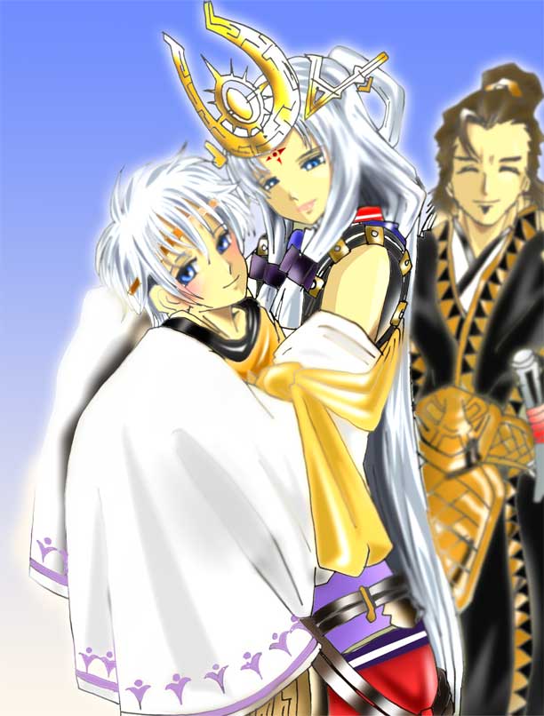 kuroneko koubou, arshtat falenas, ferid egan, freyjadour falenas, gensou suikoden, gensou suikoden v, silver hair, 1girl, 2boys, blush, crown, dress, family, hug, long hair, multiple boys