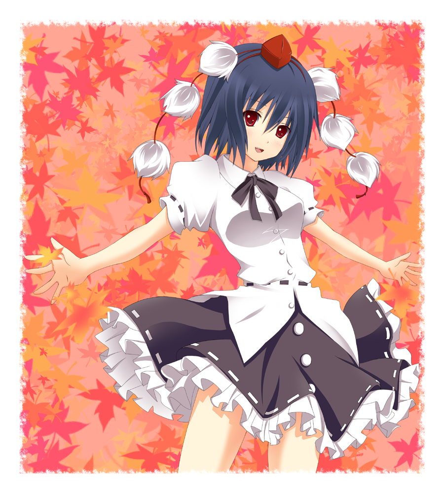 yuurakudou kurono, shameimaru aya, touhou, bad id, bad pixiv id, 1girl, black hair, female focus, hat, plant, red eyes, short hair, solo, standing, tokin hat