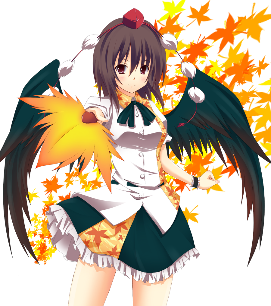 yuurakudou kurono, shameimaru aya, touhou, bad id, bad pixiv id, 1girl, black hair, black wings, female focus, hand fan, hat, leaf, plant, red eyes, short hair, solo, standing, tokin hat, white background, wings