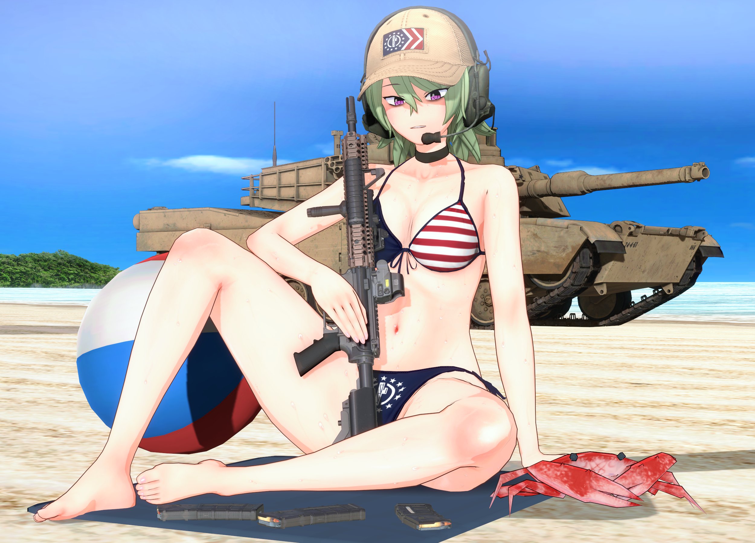 m1 abrams, hearts of iron, original, the fire rises, highres, koikatsu (medium), 1girl, american flag, american flag bikini, american flag print, ar-15, ball, barefoot, baseball cap, beachball, bikini, blue sky, blue swim briefs, brown hat, choker, columbia (random weeb), crab, flag print, flag print bikini, green hair, gun, hat, headset, holding, holding gun, holding weapon, magazine (weapon), military vehicle, motor vehicle, ocean, official alternate costume, patriot front, print bikini, purple eyes, random weeb001, rifle, short hair, sky, solo, sweat, swimsuit, tank, weapon