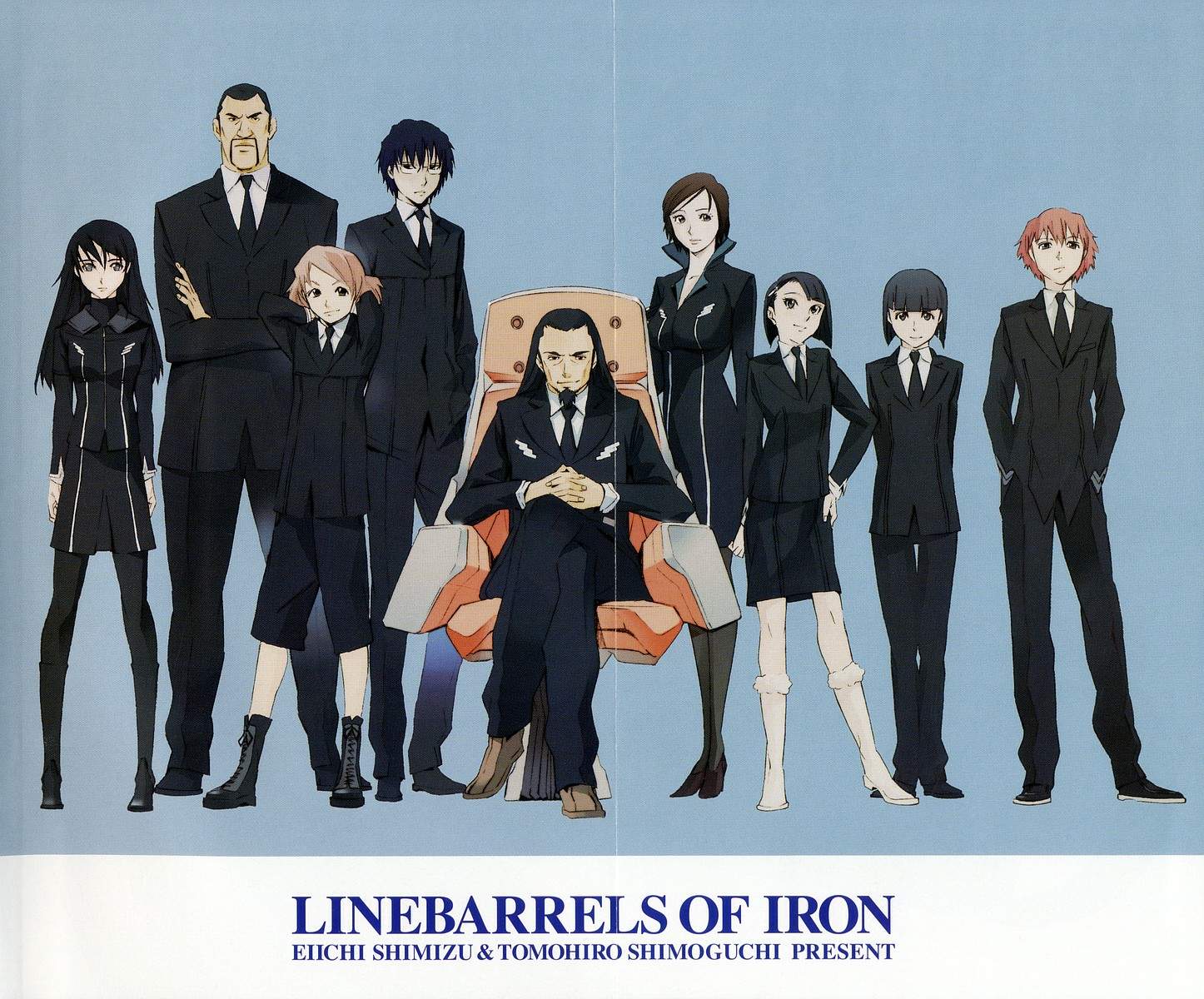 shimizu eiichi, shimoguchi tomohiro, endou izuna, endou shizuna, hayase kouichi, ishigami kunio, kizaki emi, moritsugu reiji, ogawa yui, yamashita satoru, 007, kurogane no linebarrel, highres, scan, 00s, 3girls, 6+boys, androgynous, black hair, everyone, facial hair, formal clothes, glasses, goatee, multiple boys, multiple girls, mustache, necktie, pantyhose, reverse trap, short hair, siblings, skirt, skirt suit, suit, twins