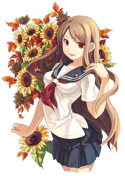 h2so4, 1girl, blonde hair, female focus, flower, long hair, red eyes, school uniform, serafuku, skirt, solo, sunflower