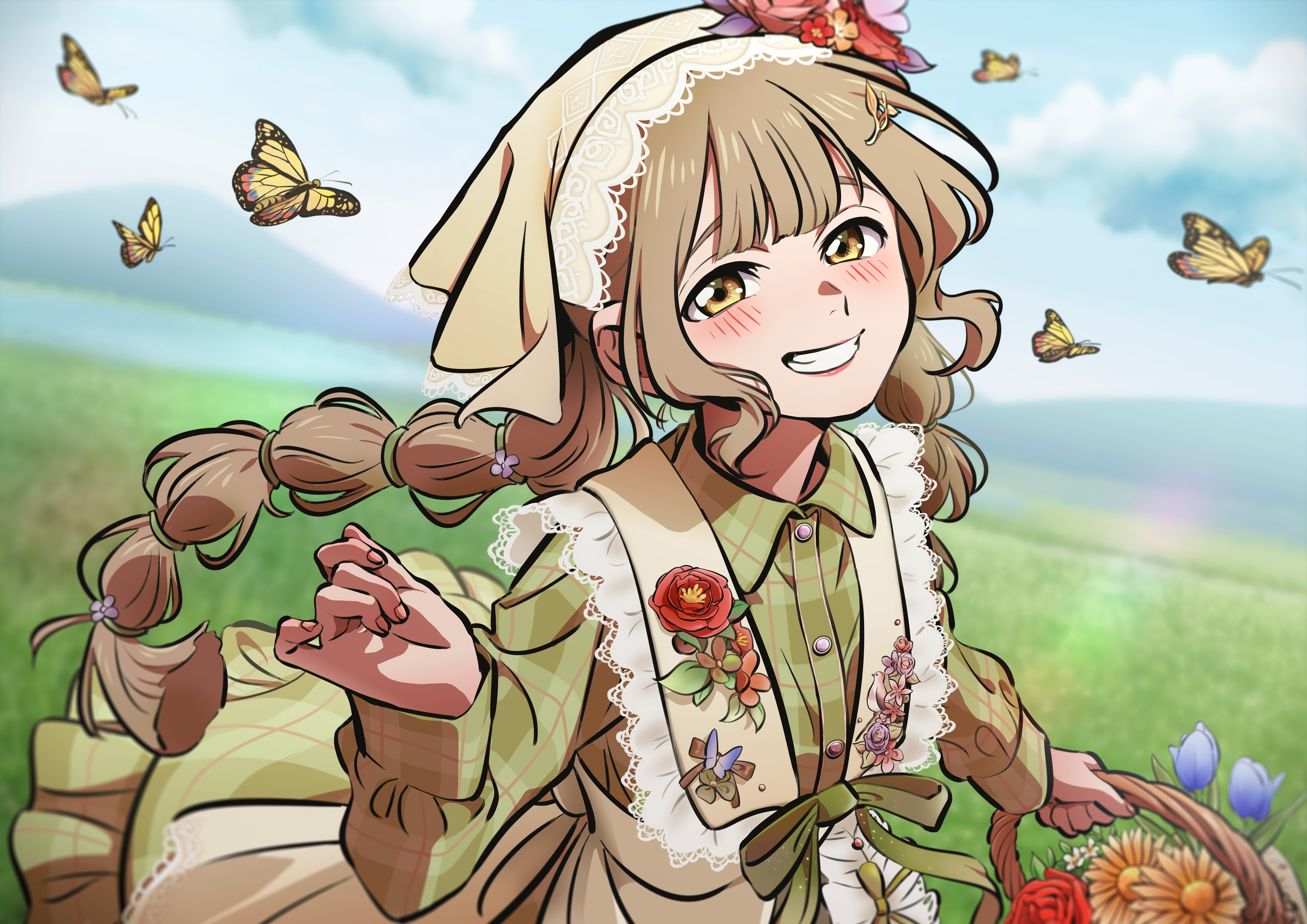 onomari546, nikki (series), shining nikki, absurdres, commentary request, highres, 1girl, apron, argyle clothes, argyle headscarf, blue flower, blue sky, blunt bangs, blunt ends, brown eyes, brown hair, bug, butterfly, buttons, circle skirt, cloud, collared dress, country lolita, cowboy shot, daisy (flower), day, dress, fingernails, floating clothes, floating hair, floral background, flower, frilled dress, frills, green dress, green pastoral (shining nikki), grin, hair flower, hair ornament, hairclip, happy, hat, hat flower, headscarf, holding, holding flower, insect, lace-trimmed apron, lace-trimmed headwear, lace trim, leaf hair ornament, light blush, light rays, lipstick, lolita fashion, long dress, long hair, long sleeves, low twintails, makeup, mountainous horizon, multi-tied hair, nostrils, outdoors, pink flower, pink lips, plaid clothes, plaid dress, pointy nose, purple flower, red flower, sidelocks, sky, smile, solo, standing, tulip, twintails, very long hair, wavy hair, white apron, white flower, yellow butterfly, yellow flower, yellow headscarf
