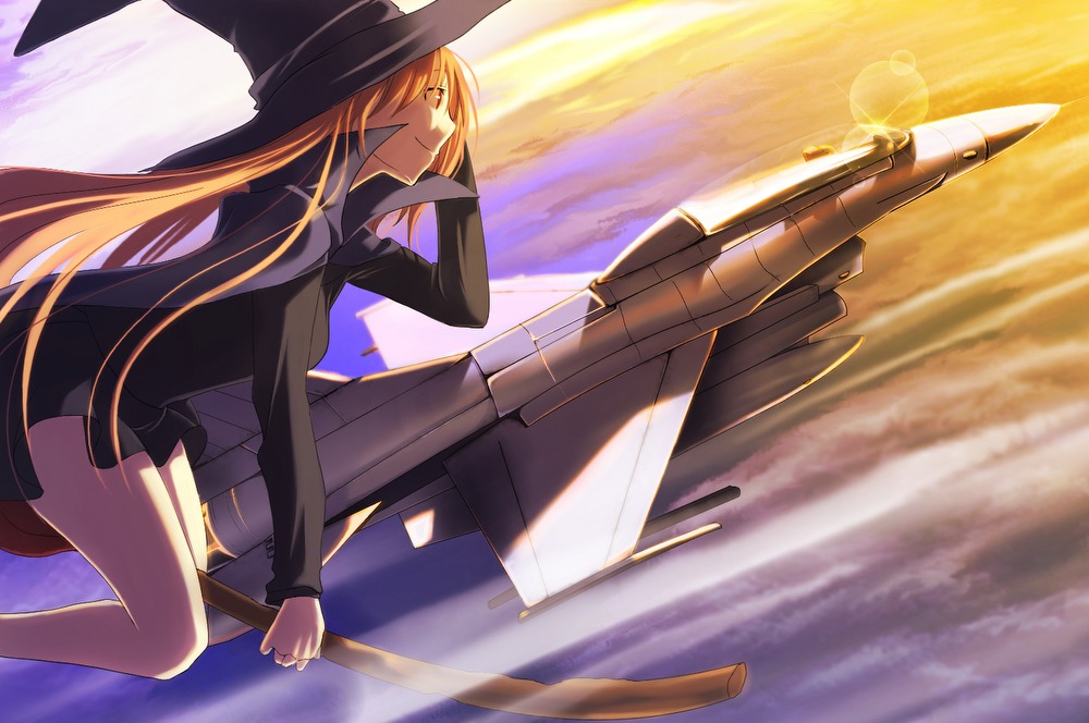hiiro (kikokico), kiko, f-16, original, bad id, bad pixiv id, 1girl, aircraft, airplane, broom, broom riding, brown hair, female focus, fighter jet, flying, hat, long hair, military, military vehicle, solo, vehicle focus, witch hat