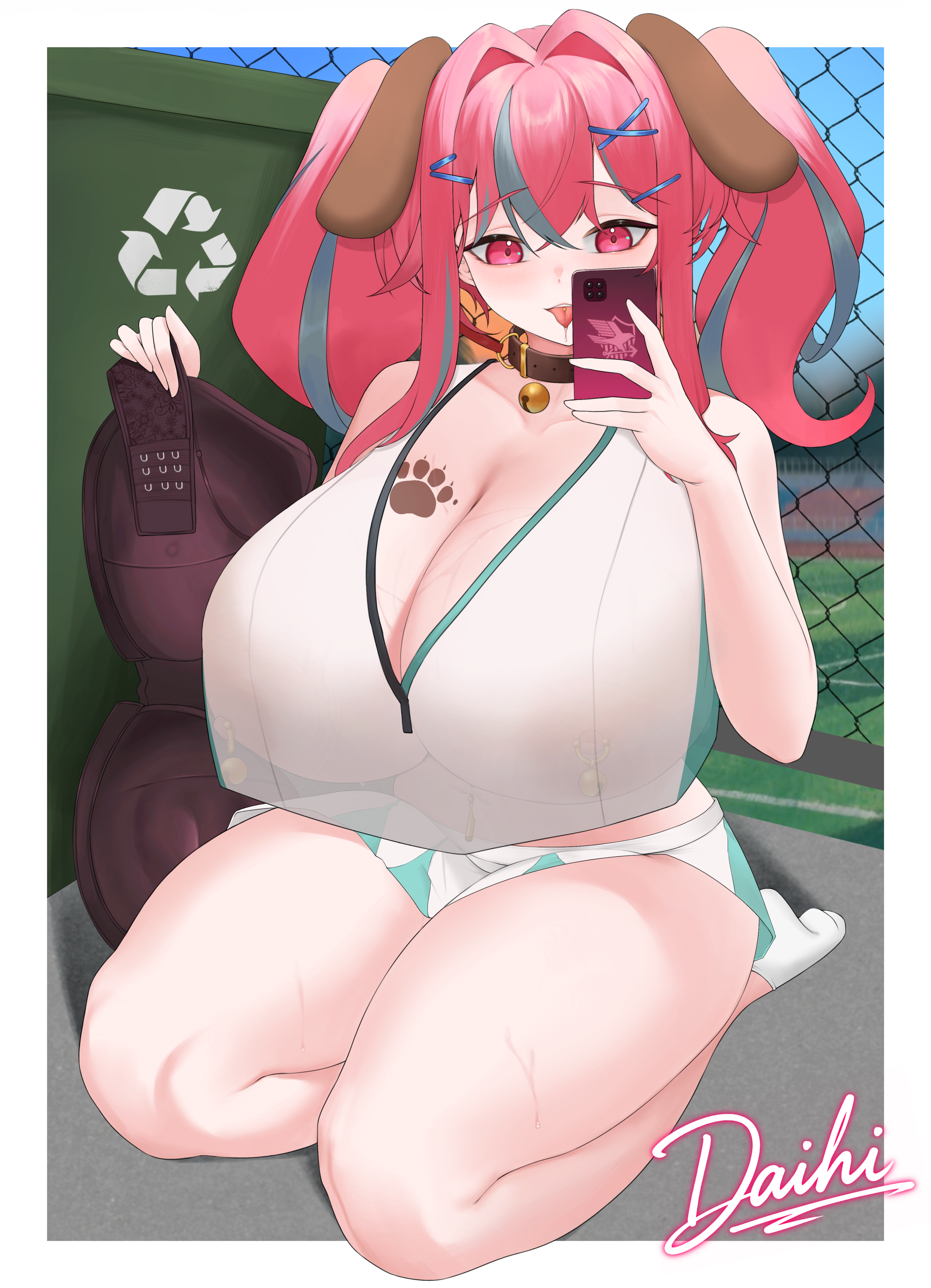 daihi2038 (mime10), bremerton (azur lane), bremerton (scorching-hot training) (azur lane), azur lane, absurdres, chinese commentary, commentary request, highres, partial commentary, variant set, 1girl, animal ears, bare shoulders, black bra, black collar, blue sky, body markings, border, bra, breasts, cellphone, chain-link fence, cleavage, cloud, collar, collarbone, covered navel, crop top, crop top overhang, crossed bangs, dog ears, dumpster, eagle union (emblem), fake animal ears, fence, full body, green skirt, grey hair, hair between eyes, hair intakes, hair ornament, holding, holding phone, huge breasts, long hair, mole, mole on breast, multicolored hair, navel piercing, nipple piercing, official alternate costume, outdoors, phone, piercing, pink eyes, pink hair, presenting bra, saliva, see-through clothes, see-through shirt, seiza, shadow, shirt, sidelocks, signature, sitting, skirt, sky, sleeveless, sleeveless shirt, smartphone, socks, solo, sportswear, stomach, streaked hair, sweat, tennis court, tennis uniform, tongue, tongue out, tongue piercing, twintails, two-tone hair, two-tone shirt, two-tone skirt, underwear, unworn bra, white border, white shirt, white skirt, white socks, x hair ornament