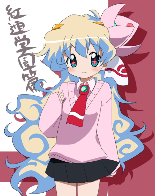 meiro (yuu), nia teppelin, tengen toppa gurren lagann, + +, 00s, 1girl, cross-shaped pupils, female focus, flower, hair flower, hair ornament, long hair, multicolored hair, necktie, skirt, solo, square-end necktie, sweater, symbol-shaped pupils