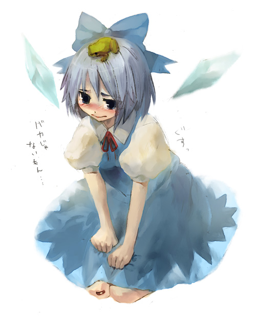 yuki (popopo), cirno, embodiment of scarlet devil, touhou, translated, 1girl, animal, animal on head, bandaid, bandaid on knee, bandaid on leg, blush, female focus, frog, on head, simple background, sitting, solo, tears, white background