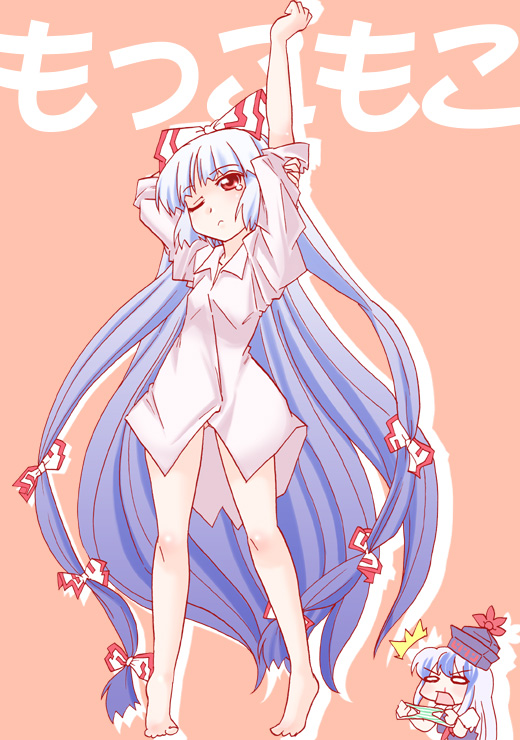 kairakuen umenoka, fujiwara no mokou, kamishirasawa keine, touhou, 2girls, barefoot, blood, chibi, female focus, full body, hat, multiple girls, no panties, nosebleed, panties, stretching, underwear