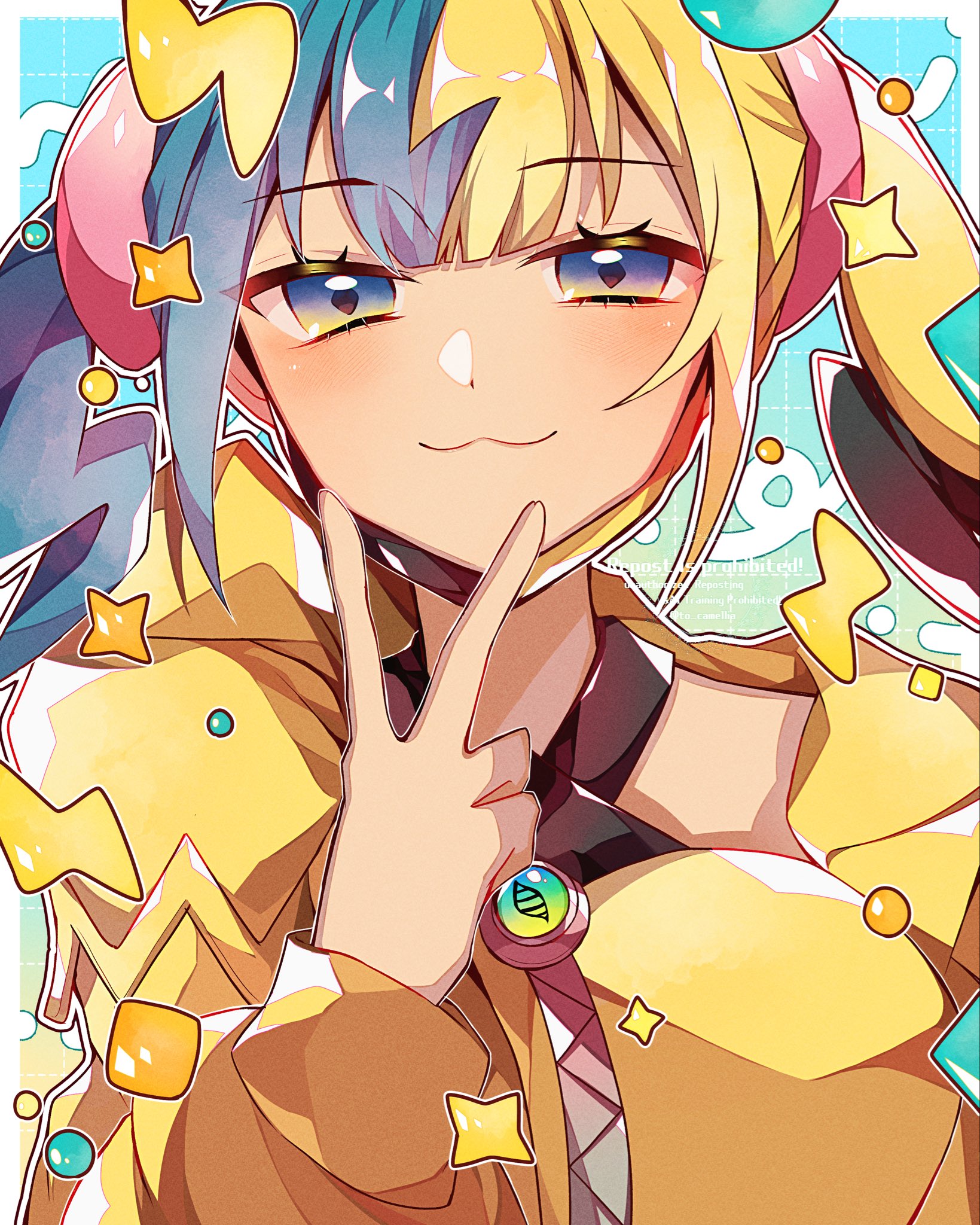 to camellia, canari (pokemon), nintendo, pokemon, pokemon legends: z-a, highres, 1girl, :3, blonde hair, blue eyes, blue hair, eyelashes, jacket, long sleeves, looking at viewer, mega stone, multicolored hair, short hair, solo, split-color hair, two-tone hair, upper body, v, yellow jacket