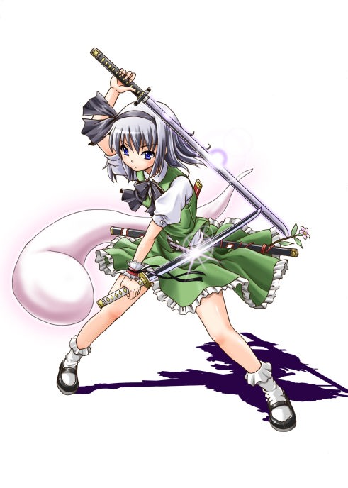 kouno iku, konpaku youmu, konpaku youmu (ghost), touhou, silver hair, 1girl, blue eyes, female focus, hairband, hitodama, katana, ribbon, shoes, skirt, socks, solo, sword, weapon