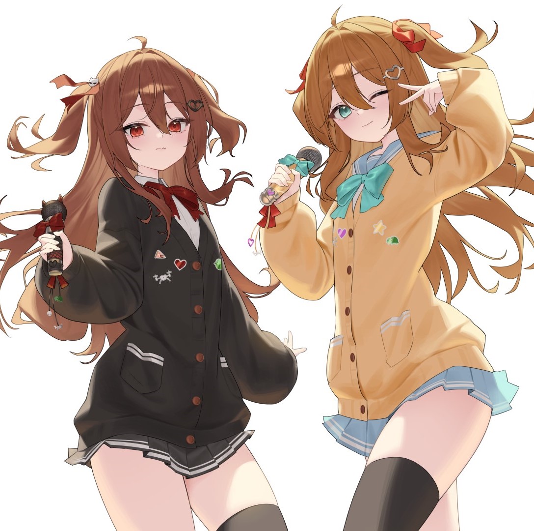 n4 h4m, evil neuro-sama, neuro-sama, commentary, commission, english commentary, 2girls, ahoge, aqua bow, aqua bowtie, arm up, badge, black cardigan, black skirt, black thighhighs, blue eyes, blue sailor collar, blue skirt, bow, bowtie, broken heart, broken heart hair ornament, brown hair, button badge, cardigan, closed mouth, collared shirt, cowboy shot, dress shirt, fang, hair between eyes, hair ornament, heart, heart hair ornament, holding, holding microphone, long hair, long sleeves, looking at viewer, microphone, miniskirt, multiple girls, one eye closed, red bow, red bowtie, red eyes, red ribbon, ribbon, sailor collar, shirt, siblings, simple background, single thighhigh, sisters, skin fang, skirt, thighhighs, twins, two side up, v, v-neck, vedal ai, white background, white shirt, yellow cardigan