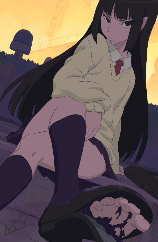 saitou atsushi (pal no komado), original, black eyes, black hair, crossed legs, feet, long hair, school uniform, sitting, solo, torn clothes