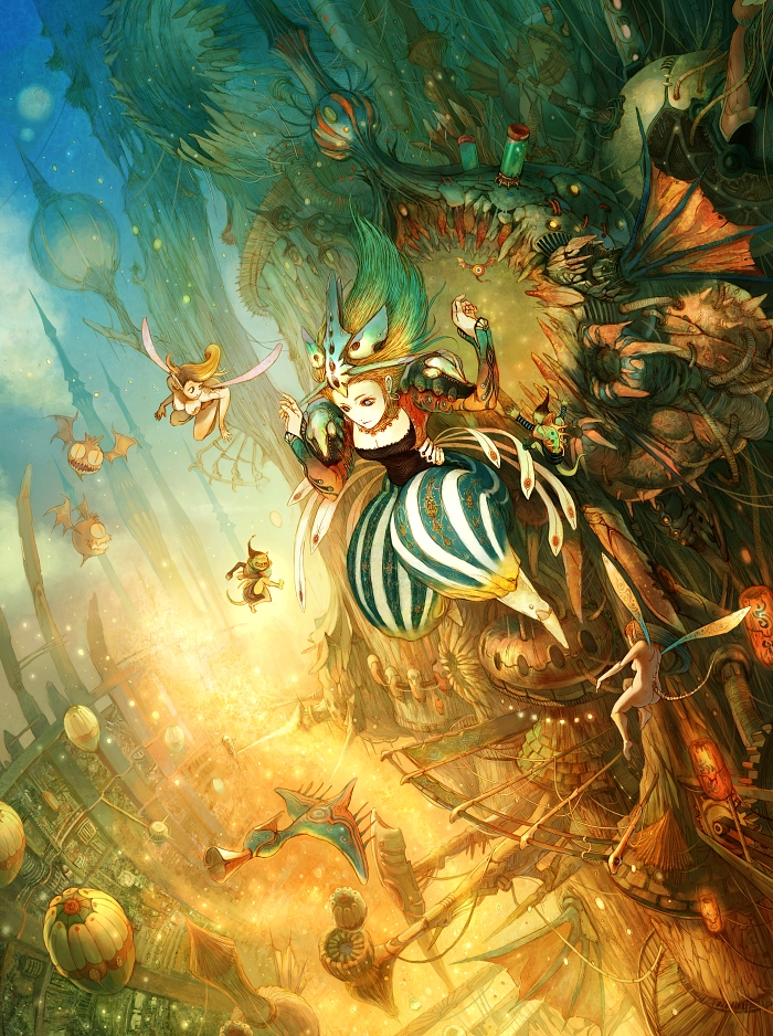 tahra, original, 3girls, bat (animal), blonde hair, dutch angle, fairy, fantasy, flying, monkey, multiple girls, pants, size difference, wings