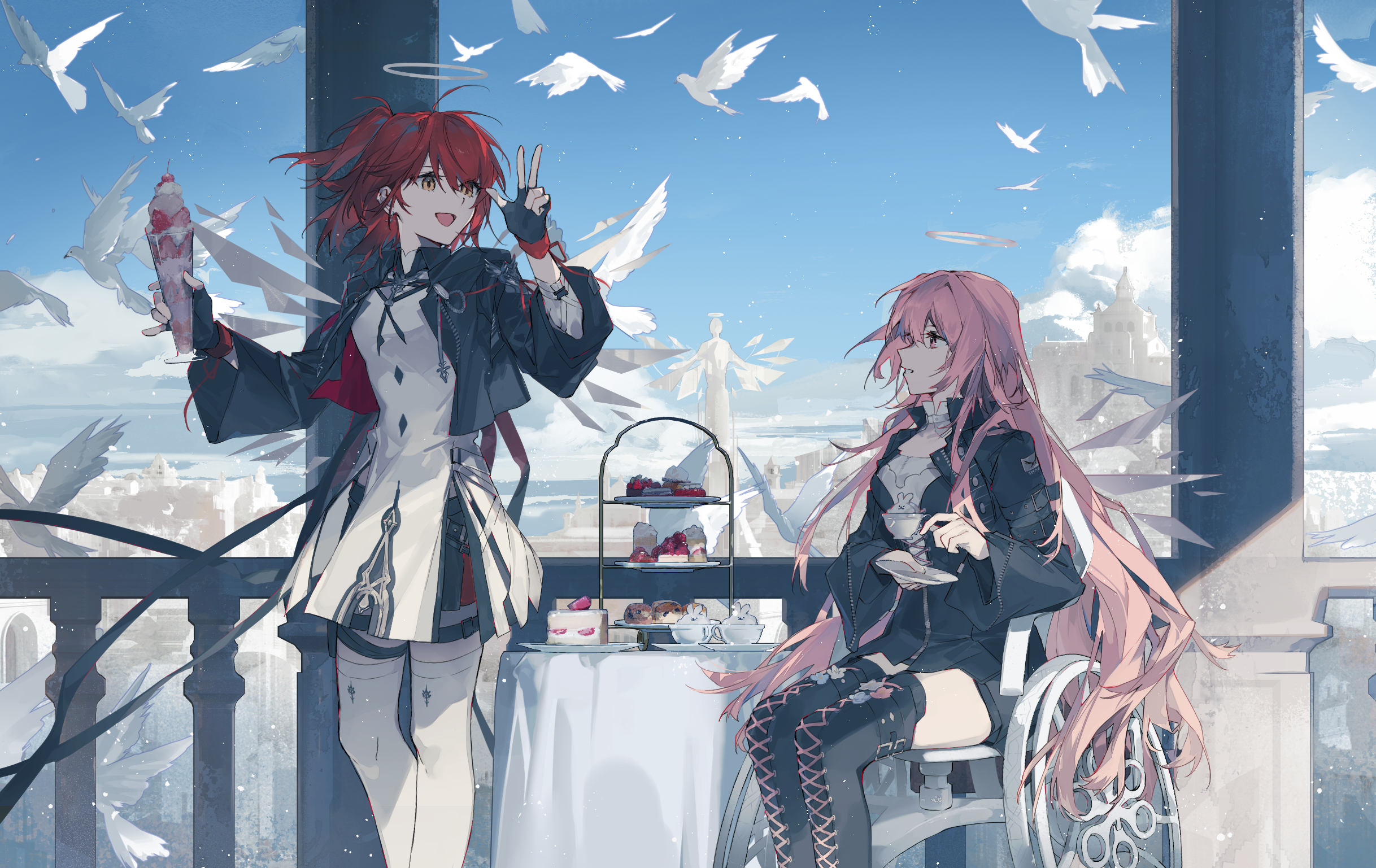 cheonyeon-hi, doge, exusiai (arknights), exusiai the new covenant (arknights), lemuen (arknights), arknights, commentary request, food request, highres, korean commentary, 2girls, adoptive siblings, animal-themed food, bird, black boots, black dress, black gloves, black jacket, blue sky, boots, cake, cherry, cloud, cropped jacket, cup, dessert, detached wings, dress, energy wings, fingerless gloves, food, fruit, gloves, halo, holding, holding cup, holding food, holding saucer, jacket, layered sleeves, long hair, multiple girls, open mouth, parfait, parfait glass, pillar, pink eyes, pink hair, railing, red hair, saucer, scone, shirt, short hair, siblings, side ponytail, sisters, sitting, sky, smile, standing, statue, strawberry, strawberry shortcake, table, tablecloth, thigh boots, thigh strap, thighhighs, traditional halo, very long hair, w, wheelchair, white bird, white shirt, white thighhighs, wings, yellow eyes