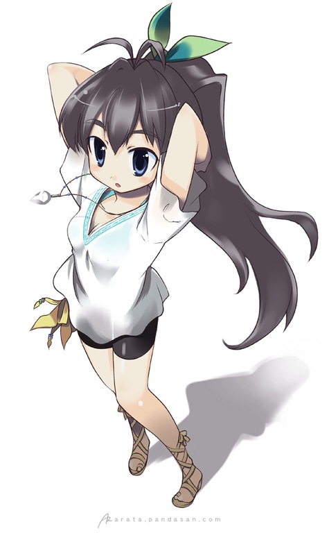 arata toshihira, ganaha hibiki, idolmaster, idolmaster (classic), idolmaster 1, 00s, 1girl, :o, arms behind head, arms up, bike shorts, black shorts, blue bra, bra, breasts, cleavage, collarbone, female focus, from above, full body, gradient background, green ribbon, hair ribbon, jewelry, long hair, medium breasts, necklace, open mouth, pendant, ponytail, ribbon, sandals, see-through clothes, shirt, short sleeves, shorts, solo, standing, underwear, very long hair, white shirt