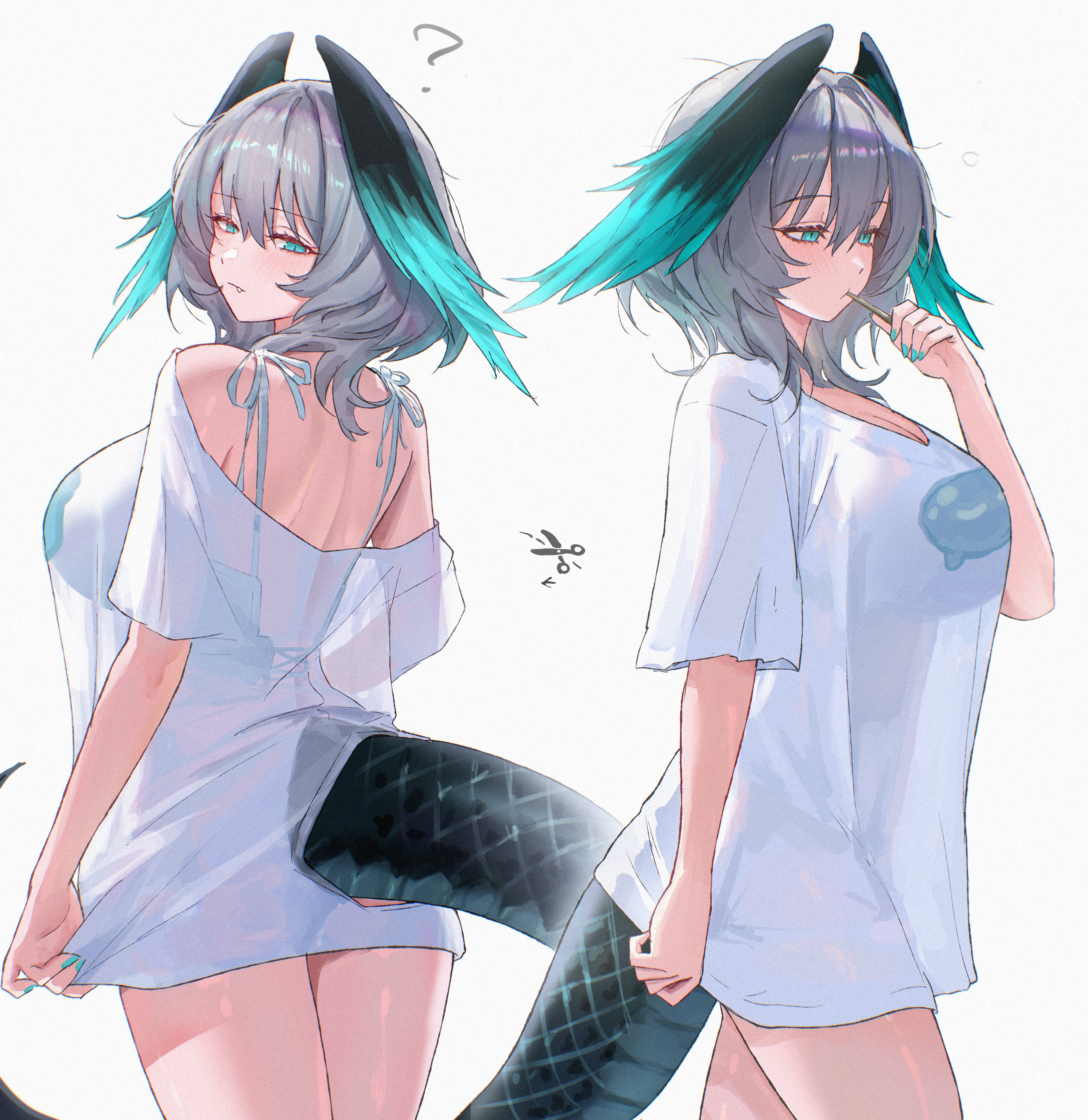 uof, ho'olheyak (arknights), arknights, absurdres, commentary request, highres, 1girl, alternate costume, aqua feathers, aqua nails, aqua wings, blush, breasts, fang, feathered wings, film grain, hair between eyes, head wings, large breasts, long tail, looking at viewer, multiple views, see-through silhouette, simple background, snake girl, snake tail, squeans, tail, two-tone feathers, two-tone wings, white background, wings