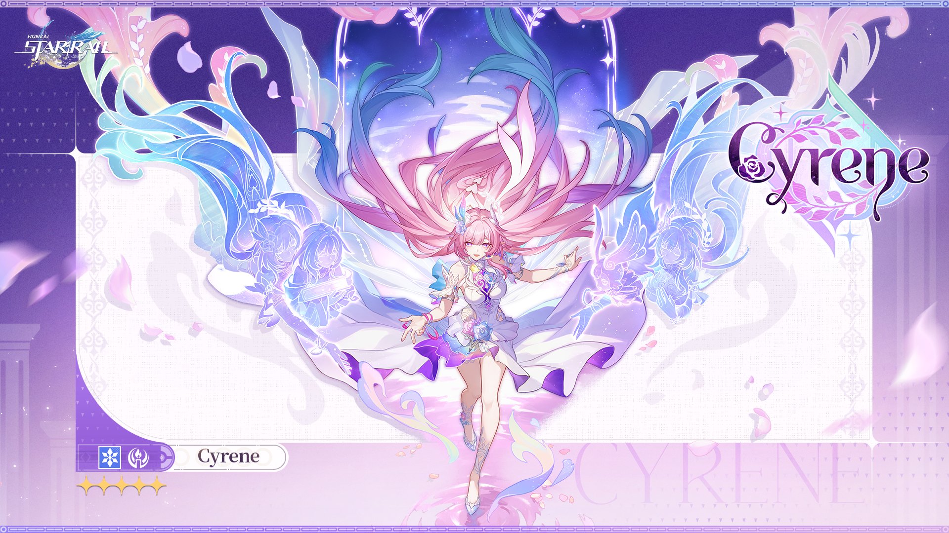 cyrene (honkai: star rail), cyrene (ripples of past reverie) (honkai: star rail), mem (honkai: star rail), honkai: star rail, honkai (series), commentary, english commentary, highres, official art, promotional art, 1girl, armlet, bare shoulders, blue hair, bracelet, breasts, bridal veil, character name, copyright name, copyright notice, detached sleeves, diamond-shaped pupils, diamond (shape), dress, english text, flower, full body, hair flower, hair intakes, hair ornament, halo, high heels, jewelry, large breasts, layered dress, long hair, multicolored hair, open mouth, pink hair, pointy ears, purple eyes, ring, rose, shoes, smile, solo, symbol-shaped pupils, two-tone hair, veil, very long hair, wedding ring, white dress, white flower, white hair, white halo, white rose, white shoes