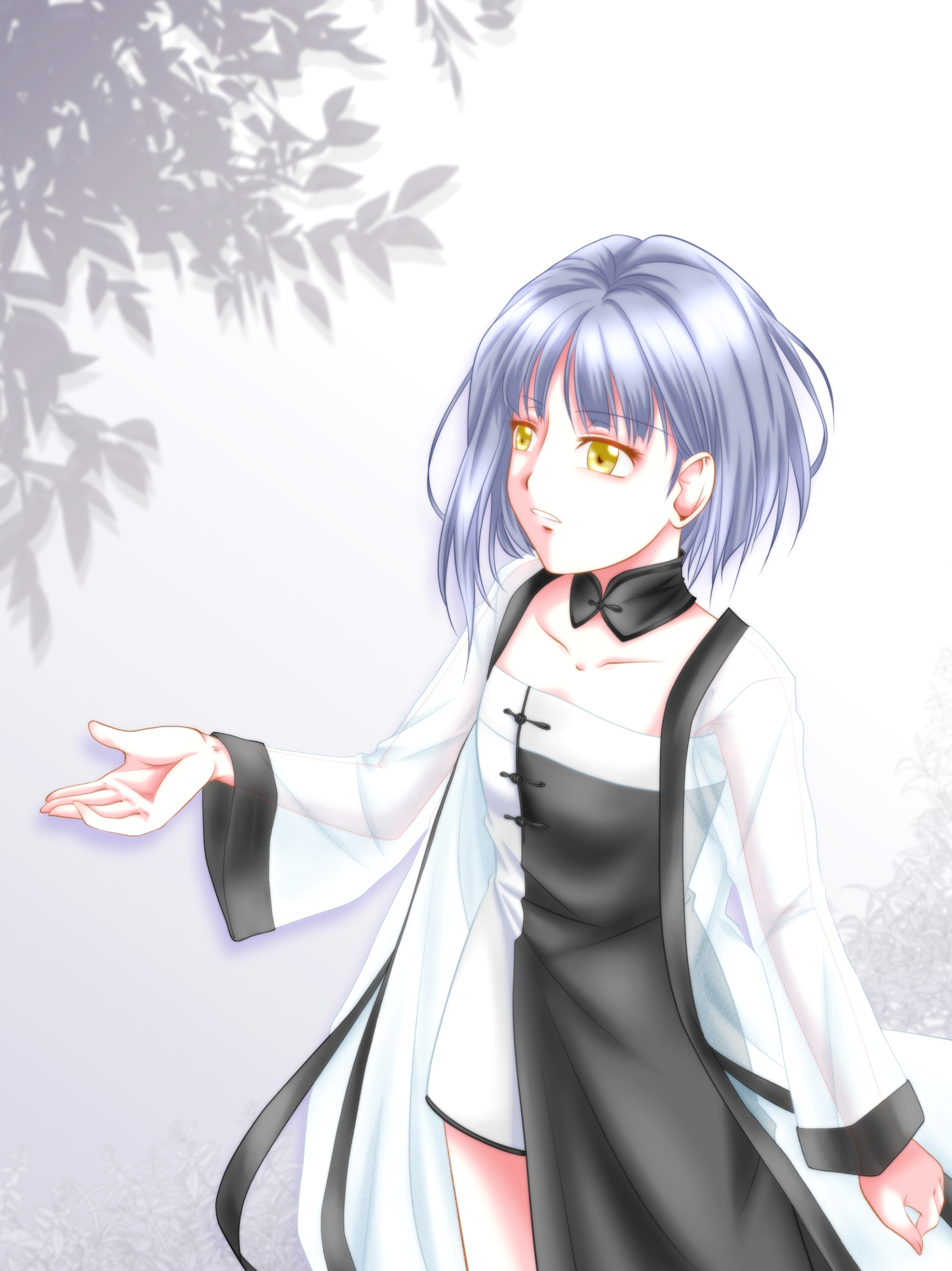 nikki (series), shining nikki, commentary, highres, 1girl, anime coloring, asymmetrical dress, bamboo, black collar, black dress, chinese clothes, collar, collarbone, cowboy shot, detached collar, dress, expressionless, grey hair, jacket, kamineko (sato kaga), long sleeves, mandarin collar, open clothes, open jacket, outstretched hand, parted lips, see-through clothes, see-through jacket, short hair with long locks, single sidelock, solo, standing, strapless, strapless dress, two-tone dress, white background, white dress, white jacket, wide sleeves, yellow eyes, yexiao (shining nikki)