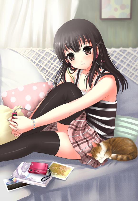 sadakofxe, original, bad id, bad pixiv id, black hair, black thighhighs, braid, brown eyes, cat, couch, digital media player, long hair, pillow, plaid clothes, plaid skirt, skirt, solo, thighhighs, zettai ryouiki