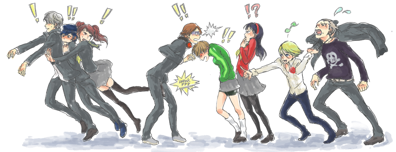 mu- (waraimusuko), mu (swag01), amagi yukiko, hanamura yousuke, kujikawa rise, kuma (persona 4), narukami yu, satonaka chie, shirogane naoto, tatsumi kanji, atlus, persona, persona 4, bad id, bad pixiv id, !, !!, 4boys, 4girls, ?, androgynous, ball busting, bdsm, bike shorts, castration, cbt, crotch kick, everyone, kicking, multiple boys, multiple girls, pantyhose, reverse trap, school, school uniform, short hair, thighhighs, tomboy