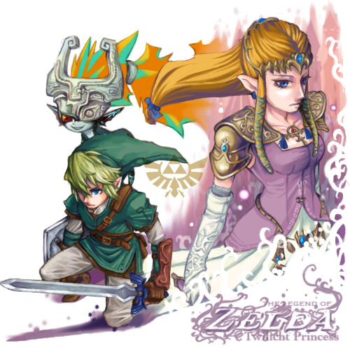 seinto, link, midna, princess zelda, nintendo, the legend of zelda, the legend of zelda: twilight princess, bad id, bad pixiv id, lowres, 1boy, 2girls, blonde hair, blue eyes, dress, elf, holding, holding sword, holding weapon, master sword, multiple girls, pointy ears, sword, weapon