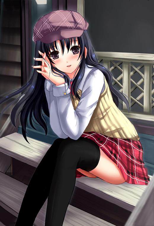 sadakofxe, original, bad id, bad pixiv id, black hair, hat, long hair, plaid clothes, plaid skirt, purple eyes, skirt, solo, thighhighs