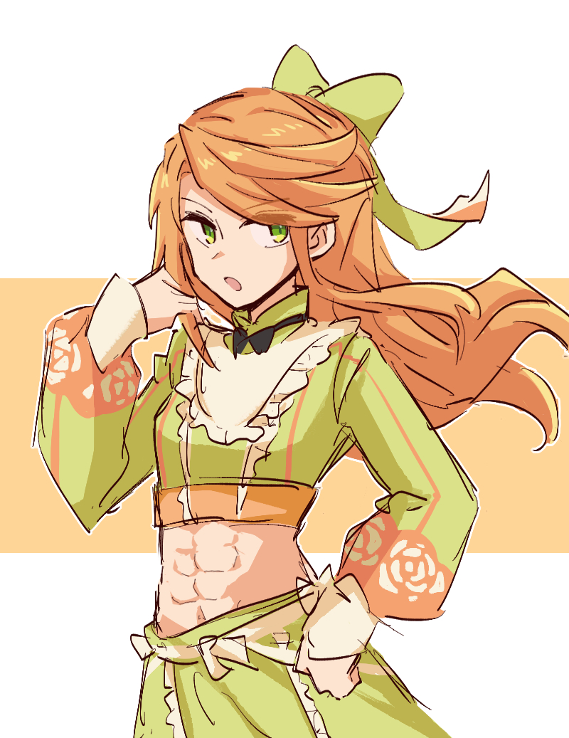 alonemistrist, etie (fire emblem), fire emblem, fire emblem engage, nintendo, 1girl, :o, abs, bow, breasts, cropped shirt, green bow, green eyes, green skirt, hair bow, long hair, long sleeves, looking at viewer, midriff, open mouth, orange hair, skirt, small breasts, solo, swept bangs