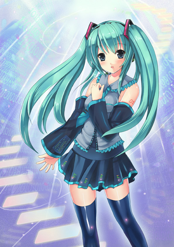 sadakofxe, hatsune miku, vocaloid, bad id, bad pixiv id, blue eyes, detached sleeves, green hair, long hair, necktie, skirt, solo, thighhighs, twintails, zettai ryouiki
