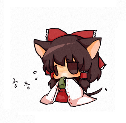 amachi osamu, hakurei reimu, touhou, bad id, bad pixiv id, lowres, 1girl, animal ears, bow, brown eyes, cat ears, cat girl, cat tail, chibi, female focus, full body, hair bow, kemonomimi mode, simple background, solo, tail, white background