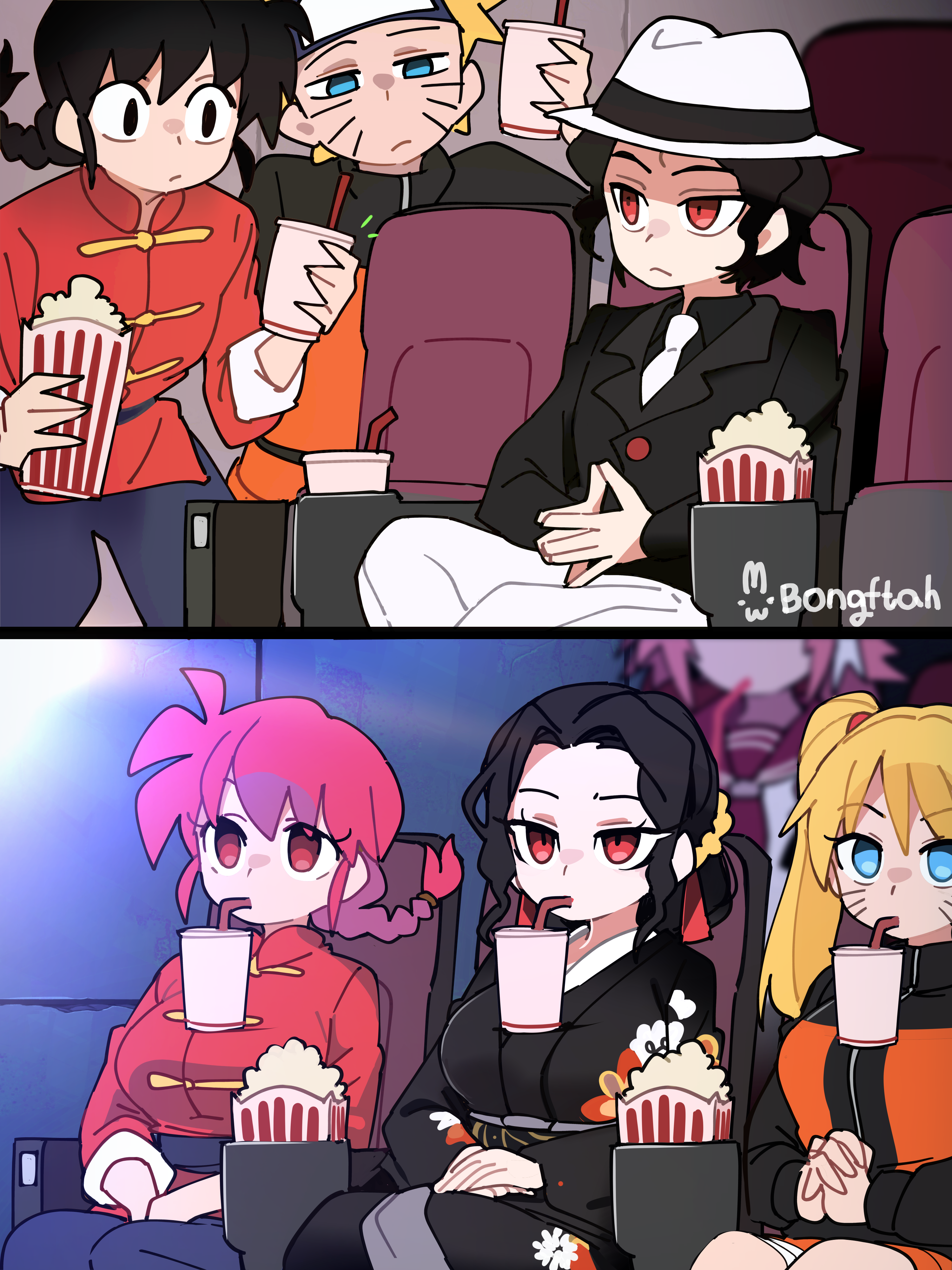 bongftah, astolfo (fate), astolfo (sailor paladin) (fate), kibutsuji muzan, kibutsuji muzan (female), naruko (naruto), ranma-chan, saotome ranma, uzumaki naruto, fate/grand order, fate (series), kimetsu no yaiba, naruto (series), naruto shippuuden, ranma 1/2, absurdres, commentary request, highres, 3girls, 4boys, artist name, black eyes, black hair, black kimono, blonde hair, blue eyes, braid, breasts, bubble tea challenge, crossover, cup, disposable cup, drinking straw, drinking straw in mouth, facial mark, food, genderswap, genderswap (mtf), hat, japanese clothes, kimono, large breasts, long hair, movie theater, multiple boys, multiple crossover, multiple girls, mundane utility, object on breast, pants, pink hair, popcorn, red eyes, red shirt, shirt, steepled fingers, trait connection, twintails, whisker markings, white hat, white pants
