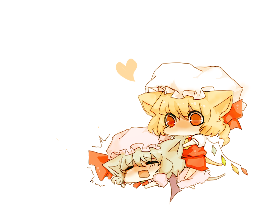 amachi osamu, flandre scarlet, remilia scarlet, touhou, biting ear, bad id, bad pixiv id, 2girls, animal ears, bat wings, biting, cat ears, cat girl, cat tail, chibi, eargasm, fangs, female focus, hat, heart, incest, kemonomimi mode, multiple girls, red eyes, siblings, sisters, tail, uncommon stimulation, wings