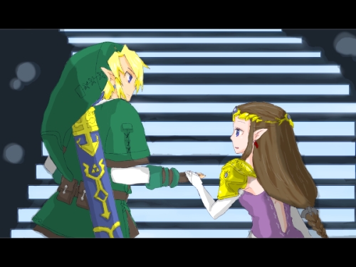link, princess zelda, nintendo, super smash bros., the legend of zelda, the legend of zelda: twilight princess, lowres, 1boy, 1girl, blonde hair, blue eyes, couple, dress, green tunic, hetero, holding hands, pointy ears, stairs, tunic